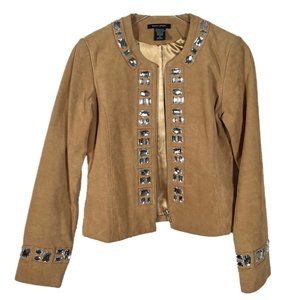 Boston Proper Tan Suede Zipper Front Crystals Jeweled Embellished Jacket Size 6